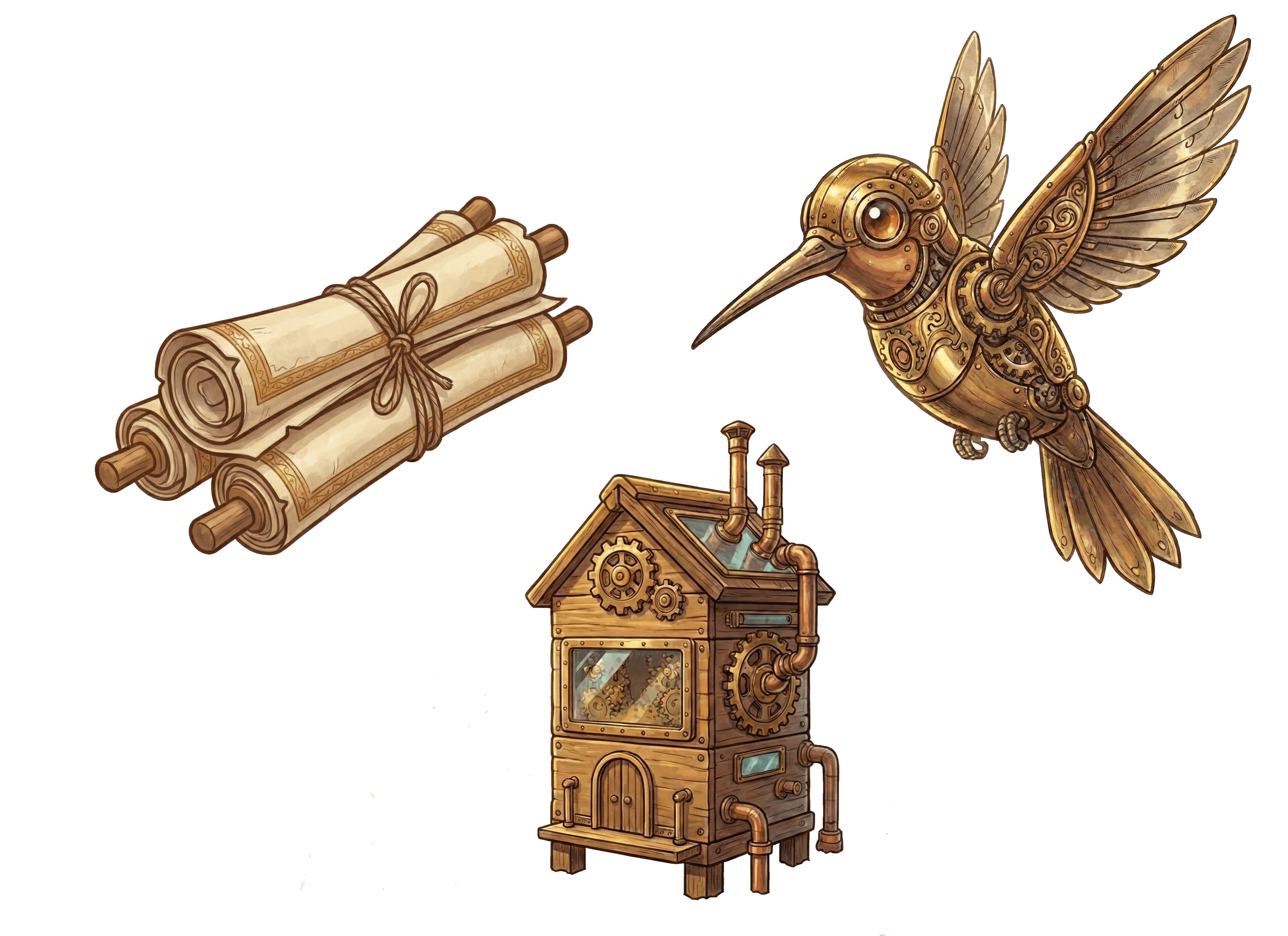 scrolls, the mechanical hummingbird, and the beehive representing day-2 operations
